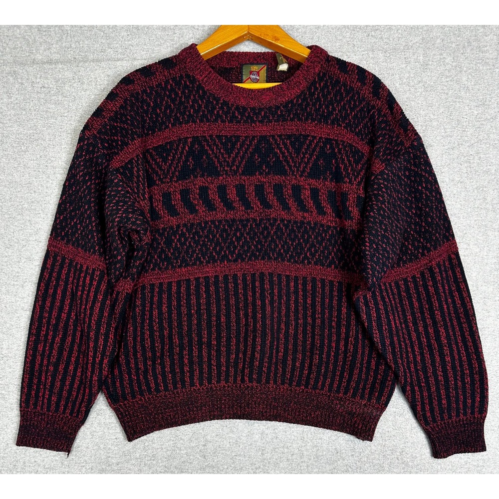 Vintage Saturdays Sweater Mens L Burgundy Aztec Geometric Knit Crewneck